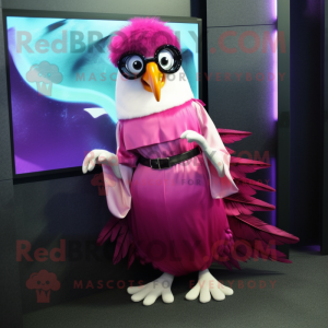 Magenta Falcon mascot costume character dressed with a Ball Gown and Eyeglasses