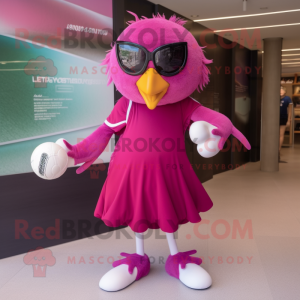 Magenta Falcon mascot costume character dressed with a Ball Gown and Eyeglasses