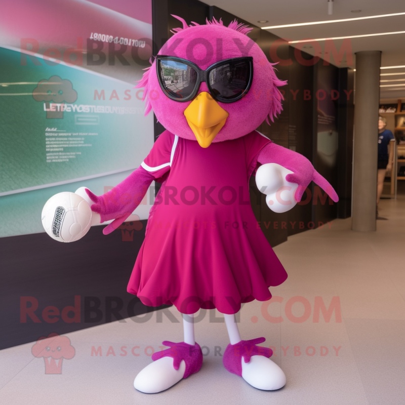 Magenta Falcon mascot costume character dressed with a Ball Gown and Eyeglasses Magenta Falcon mascot costume character dressed with a Ball Gown and Eyeglasses
