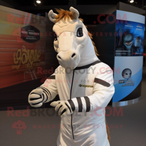 White Quagga mascot costume character dressed with a Jacket and Gloves