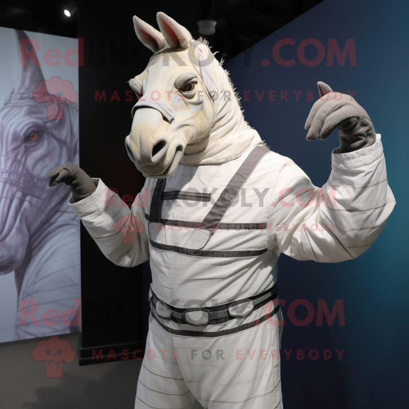 White Quagga mascot costume character dressed with a Jacket and Gloves