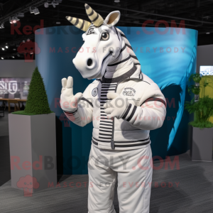 White Quagga mascot costume character dressed with a Jacket and Gloves