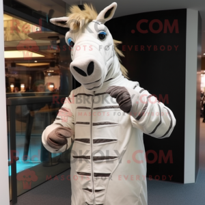 White Quagga mascot costume character dressed with a Jacket and Gloves