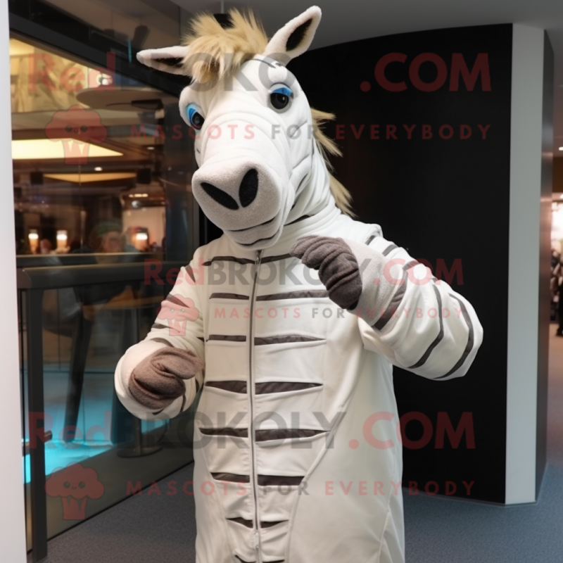White Quagga mascot costume character dressed with a Jacket and Gloves White Quagga mascot costume character dressed with a Jacket and Gloves