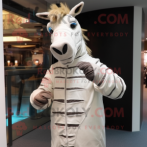 White Quagga mascot costume character dressed with a Jacket and Gloves