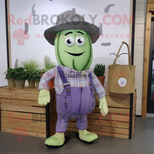 Lavender Cucumber mascot costume character dressed with a Overalls and Briefcases