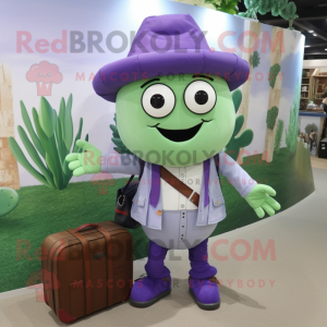 Lavender Cucumber mascot costume character dressed with a Overalls and Briefcases
