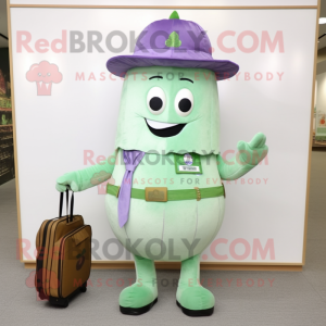Lavender Cucumber mascot costume character dressed with a Overalls and Briefcases