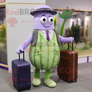 Lavender Cucumber mascot costume character dressed with a Overalls and Briefcases