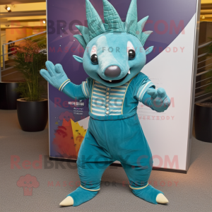 Teal Armadillo mascot costume character dressed with a Flare Jeans and Anklets