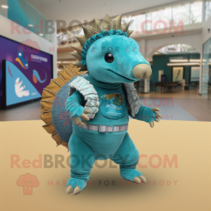 Teal Armadillo mascot costume character dressed with a Flare Jeans and Anklets