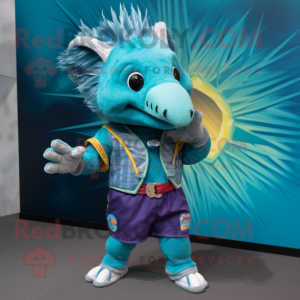 Teal Armadillo mascot costume character dressed with a Flare Jeans and Anklets