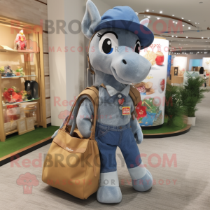 Gray Mare mascot costume character dressed with a Denim Shorts and Tote bags