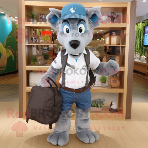 Gray Mare mascot costume character dressed with a Denim Shorts and Tote bags