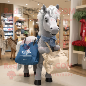 Gray Mare mascot costume character dressed with a Denim Shorts and Tote bags