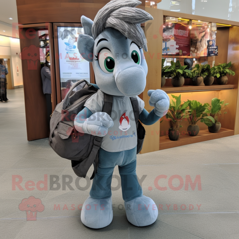 Gray Mare mascot costume character dressed with a Denim Shorts and Tote bags