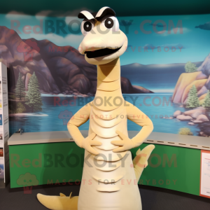 Cream Loch Ness Monster mascot costume character dressed with a Sheath Dress and Headbands