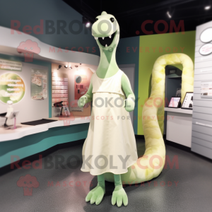 Cream Loch Ness Monster mascot costume character dressed with a Sheath Dress and Headbands