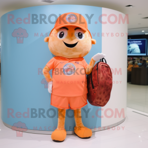 Peach Pizza mascot costume character dressed with a Henley Shirt and Messenger bags