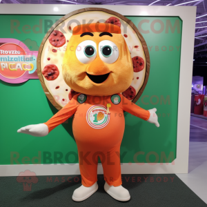 Peach Pizza mascot costume character dressed with a Henley Shirt and Messenger bags