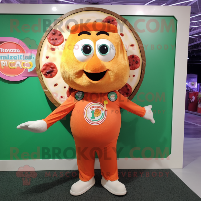 Peach Pizza mascot costume character dressed with a Henley Shirt and Messenger bags Peach Pizza mascot costume character dressed with a Henley Shirt and Messenger bags