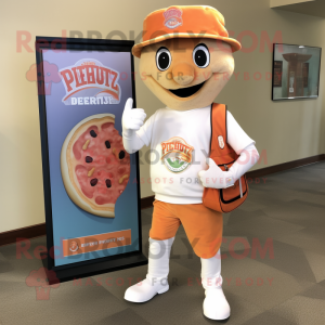 Peach Pizza mascot costume character dressed with a Henley Shirt and Messenger bags