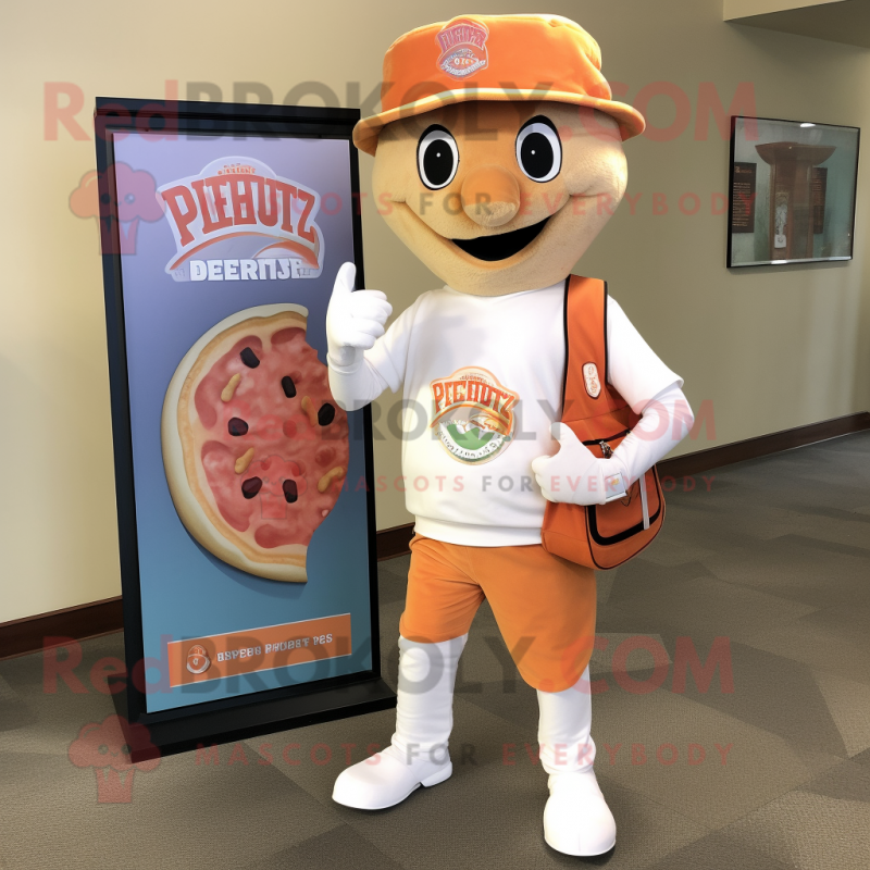Peach Pizza mascot costume character dressed with a Henley Shirt and Messenger bags Peach Pizza mascot costume character dressed with a Henley Shirt and Messenger bags