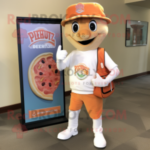 Peach Pizza mascot costume character dressed with a Henley Shirt and Messenger bags