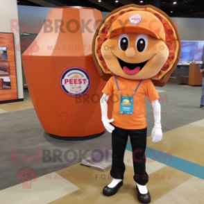 Peach Pizza mascot costume character dressed with a Henley Shirt and Messenger bags