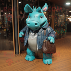 Teal Rhinoceros mascot costume character dressed with a Leather Jacket and Tote bags