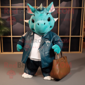 Teal Rhinoceros mascot costume character dressed with a Leather Jacket and Tote bags