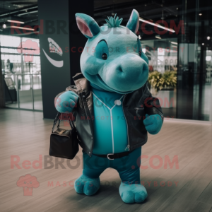 Teal Rhinoceros mascot costume character dressed with a Leather Jacket and Tote bags