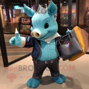 Teal Rhinoceros mascot costume character dressed with a Leather Jacket and Tote bags