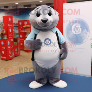 Gray Seal mascot costume character dressed with a Polo Tee and Foot pads