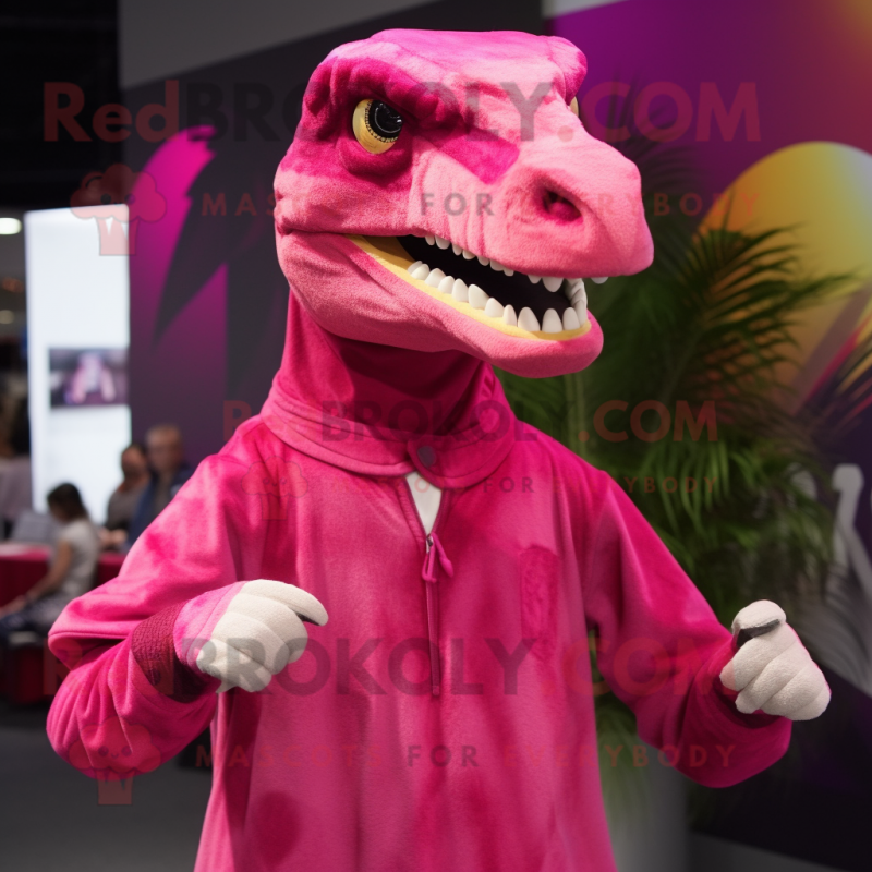 Magenta Velociraptor mascot costume character dressed with a Long Sleeve Tee and Earrings Magenta Velociraptor mascot costume character dressed with a Long Sleeve Tee and Earrings
