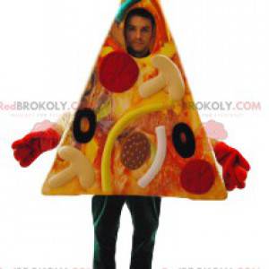 Mascotte de pizza gourmande pepperoni et olives. -