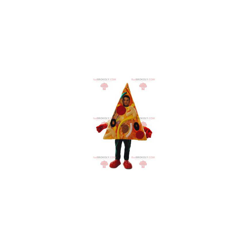 Mascote de pizza gourmet de calabresa e azeitonas. -