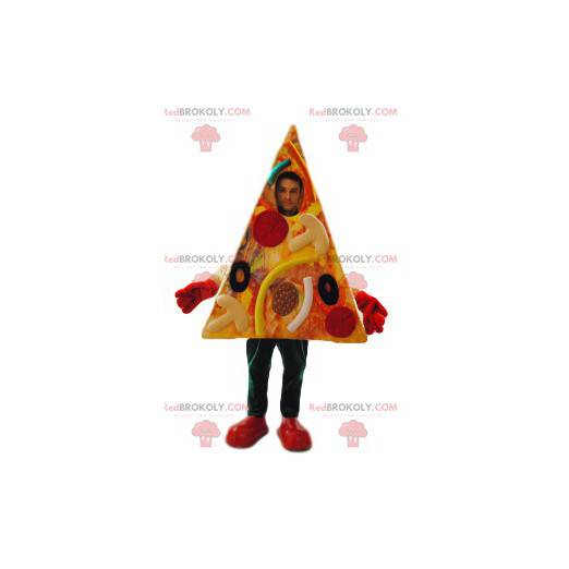 Mascotte de pizza gourmande pepperoni et olives. -