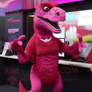 Magenta Velociraptor mascot costume character dressed with a Long Sleeve Tee and Earrings