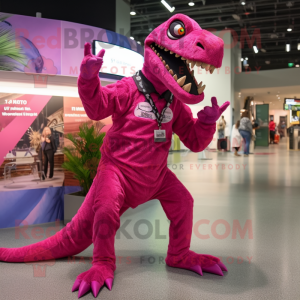 Magenta Velociraptor mascot costume character dressed with a Long Sleeve Tee and Earrings
