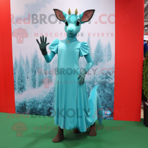 Cyan Roe Deer mascot costume character dressed with a Empire Waist Dress and Foot pads