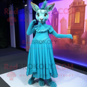 Cyan Roe Deer mascot costume character dressed with a Empire Waist Dress and Foot pads