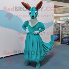 Cyan Roe Deer mascot costume character dressed with a Empire Waist Dress and Foot pads