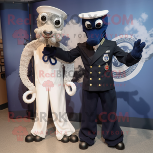 Navy Hydra mascot costume character dressed with a Tuxedo and Brooches