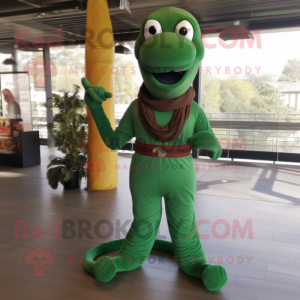 Forest Green Snake mascot costume character dressed with a Corduroy Pants and Headbands