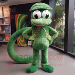 Forest Green Snake mascot costume character dressed with a Corduroy Pants and Headbands