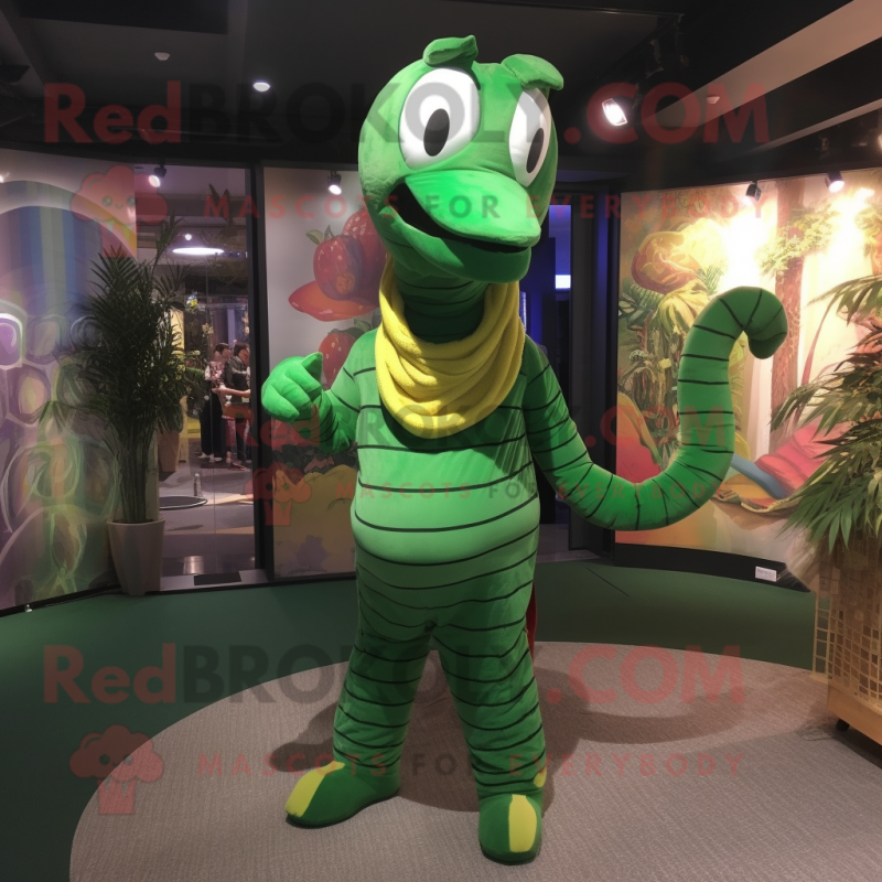 Forest Green Snake mascot costume character dressed with a Corduroy Pants and Headbands