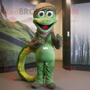 Forest Green Snake mascot costume character dressed with a Corduroy Pants and Headbands
