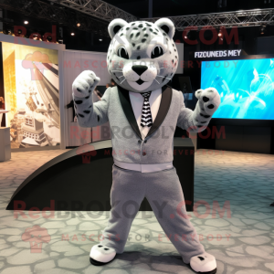 Gray Leopard mascot costume character dressed with a Suit Jacket and Headbands