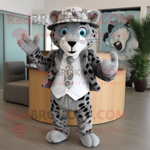 Gray Leopard mascot costume character dressed with a Suit Jacket and Headbands